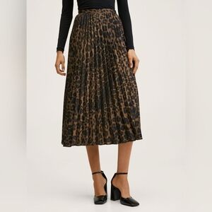 Mango Pleated Leopard-Print Midi Skirt